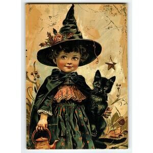 Vintage Halloween Postcard Little Witch with Black Cat Photochrome Sweet Girl